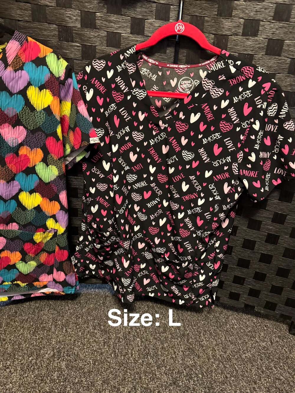 Women's Scrub Tops Size L Divine Stretch & Ava Therese Heart Prints